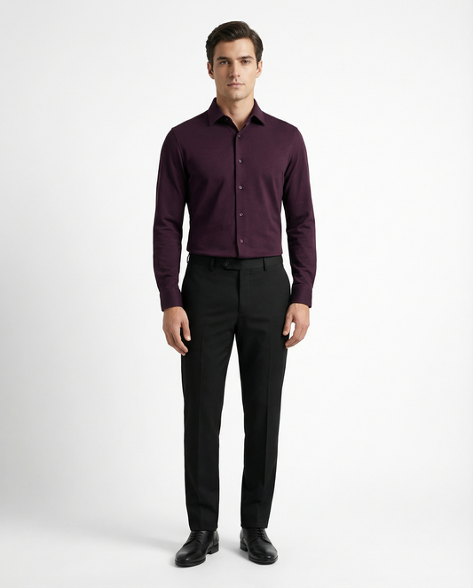 Men’s Black Cherry Formal Shirt with Black Tailored Trousers – Premium Office Wear Set