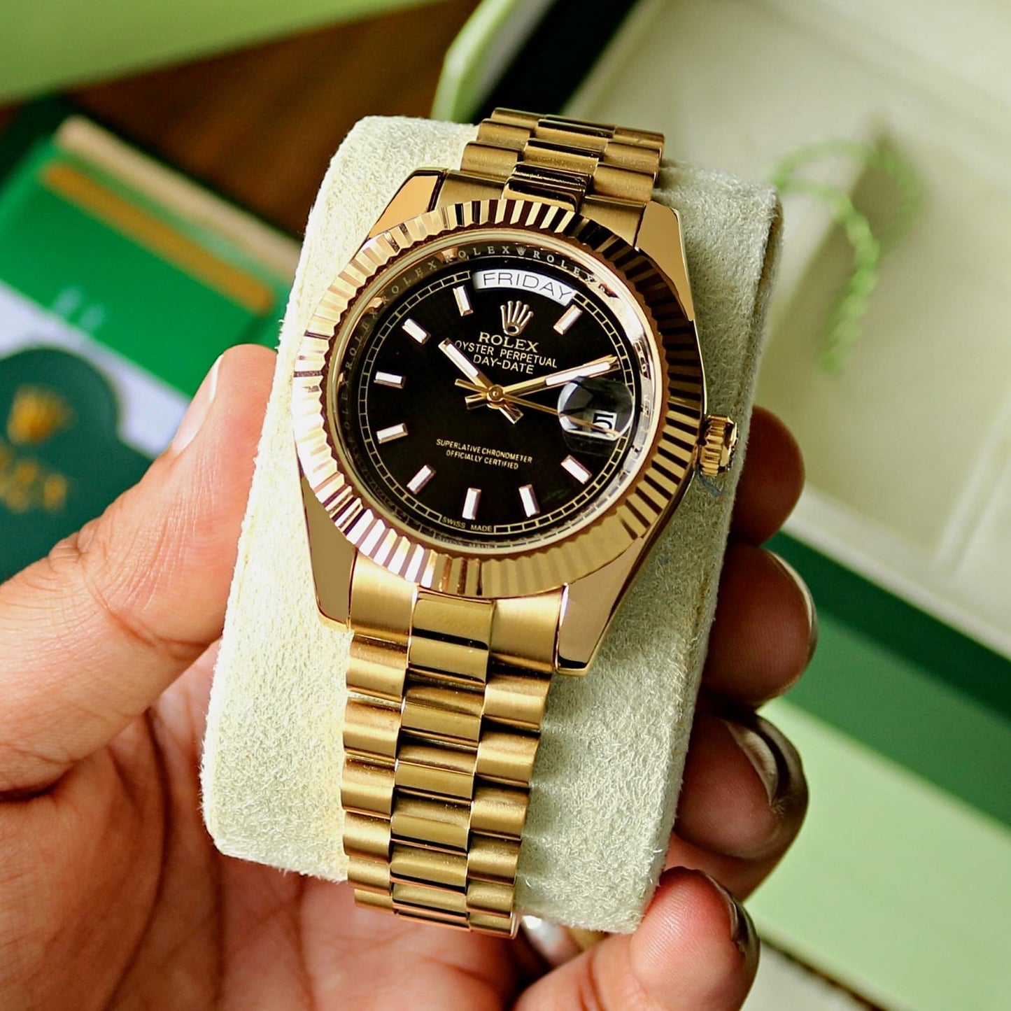Luxury Gold Black Dial Day-Date Watch for Men | Premium Stainless Steel Strap | Classic Elegant Design