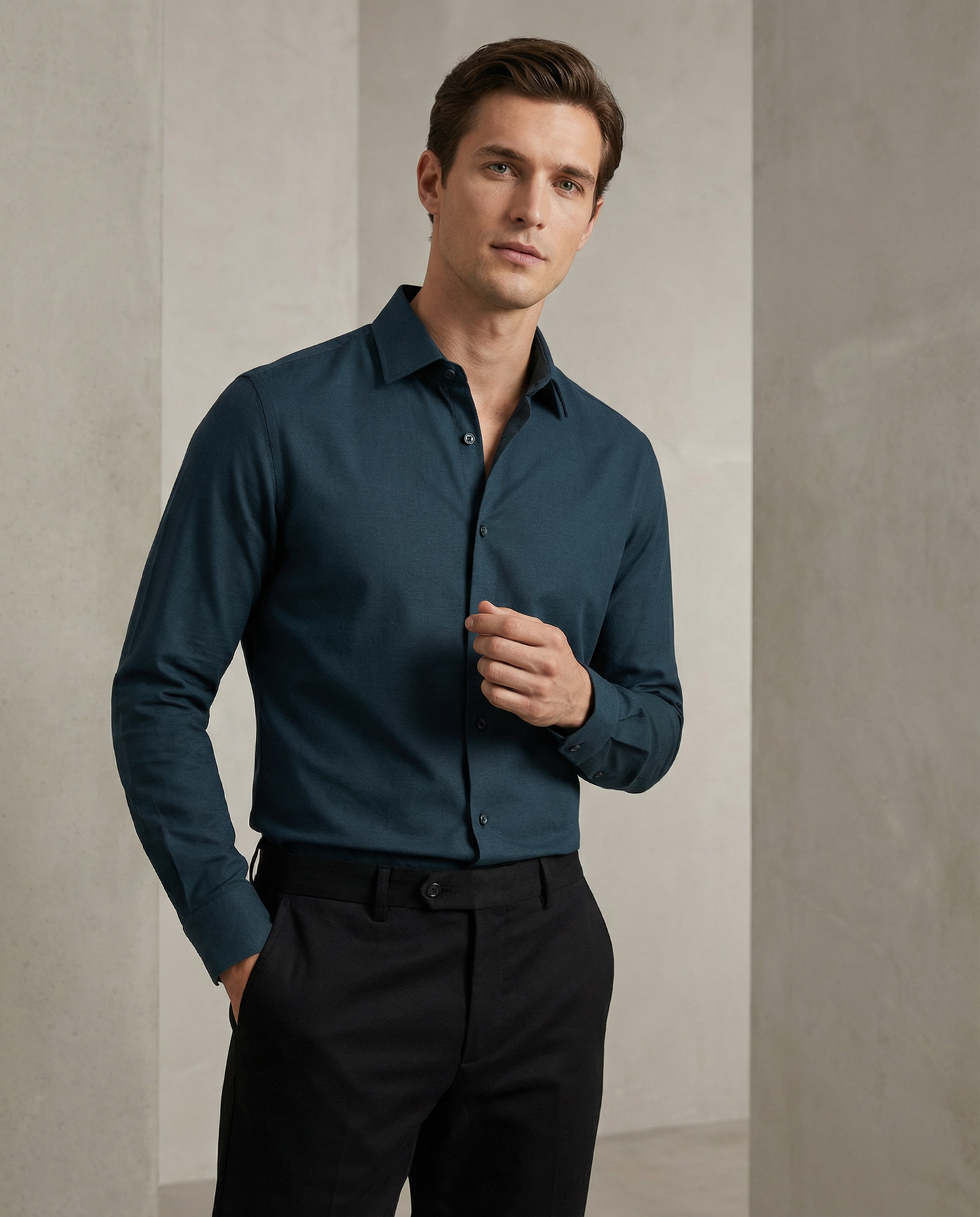 Men’s Coarse Wool Formal Shirt with Black Tailored Trousers – Premium Office Wear Set