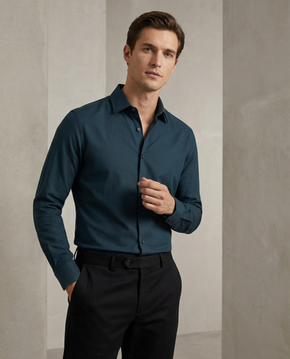 Men’s Coarse Wool Formal Shirt with Black Tailored Trousers – Premium Office Wear Set