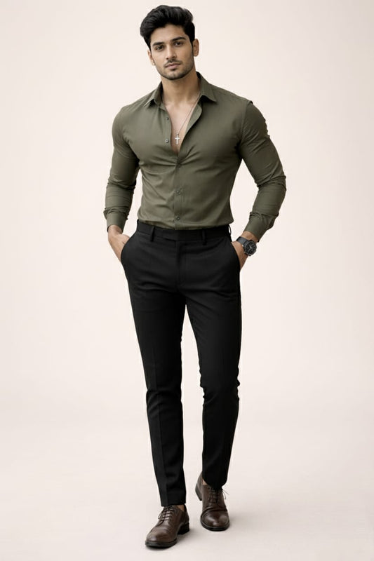Men's Premium Olive Green Slim-Fit Shirt - Trendy Semi-Formal Cotton Shirt